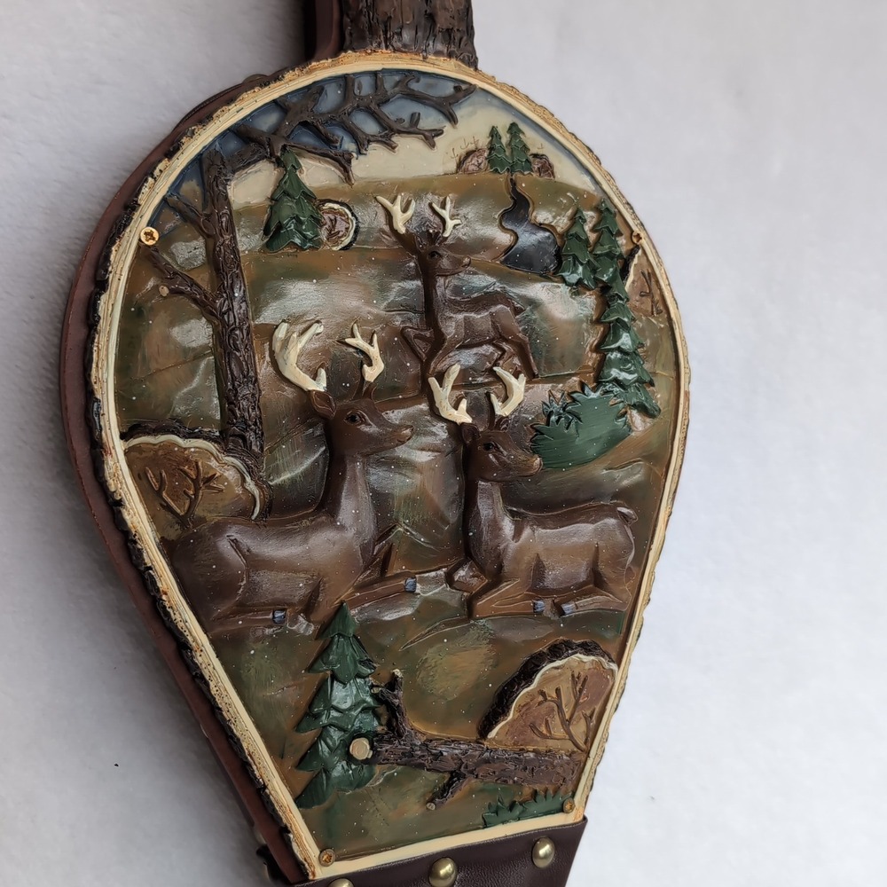 Vintage Fireplace Bellows 3D Carved Deer Forest Wood Leather Brass Rustic Works